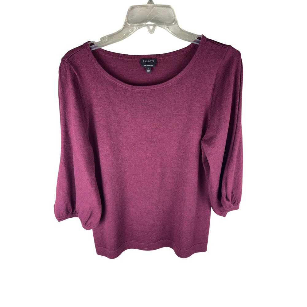 Talbots Pure Merino Wool Sweater Womens Medium Plum Slit Puff Sleeve Scoop Neck
